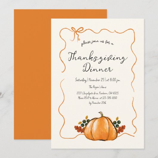 Invitation Dîner de Thanksgiving écriture manuscrite Citrouil (Devant / Derrière)