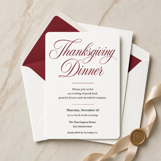 Invitation Dîner de Thanksgiving élégant écriture bordeaux