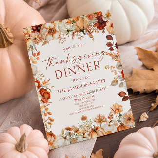 Invitation Dîner de Thanksgiving familial floral orange rusti