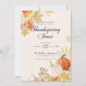 Invitation Dîner de Thanksgiving Fête Florale Citrouille Navy (Devant)