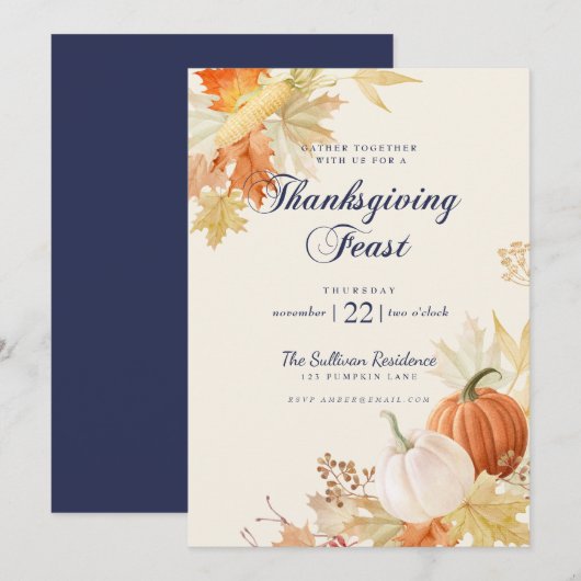 Invitation Dîner de Thanksgiving Fête Florale Citrouille Navy (Devant / Derrière)