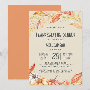 Invitation Dîner de Thanksgiving Feuillage Doré Citrouille d'