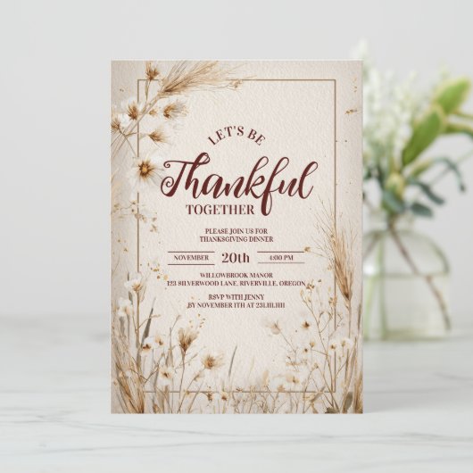 Invitation Dîner de Thanksgiving Fleur de Prairie Séchée Neut (Debout devant)