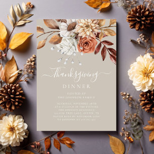 Invitation Dîner de Thanksgiving Floral Automnal Taupe Élégan
