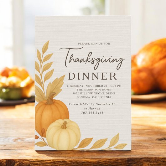 Invitation Dîner de Thanksgiving Lin rustique de citrouille