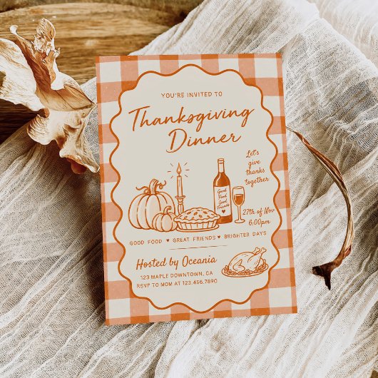 Invitation Dîner de Thanksgiving Orange Gingham