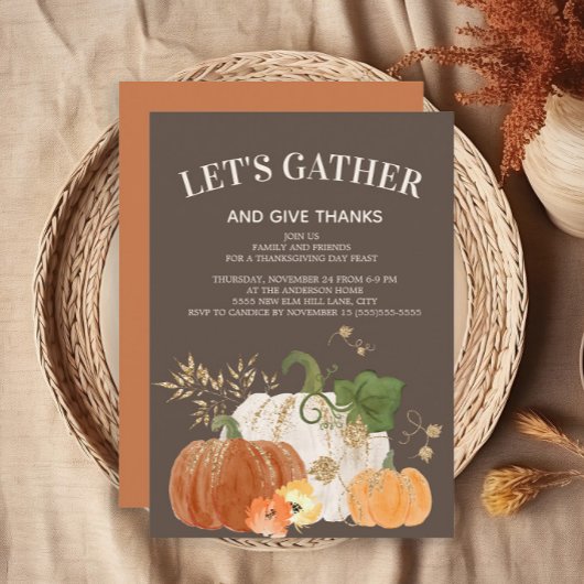 Invitation Dîner de Thanksgiving Oranges Citrouilles Blanches