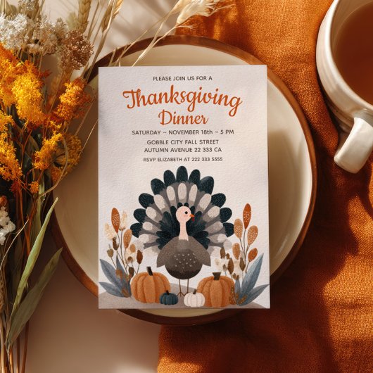 Invitation Dîner de Thanksgiving pastel avec dinde et feuilla
