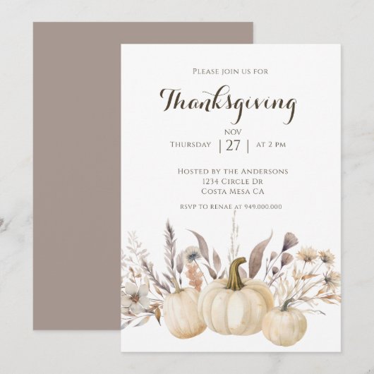 Invitation Dîner de Thanksgiving rustique Citrouille (Devant / Derrière)