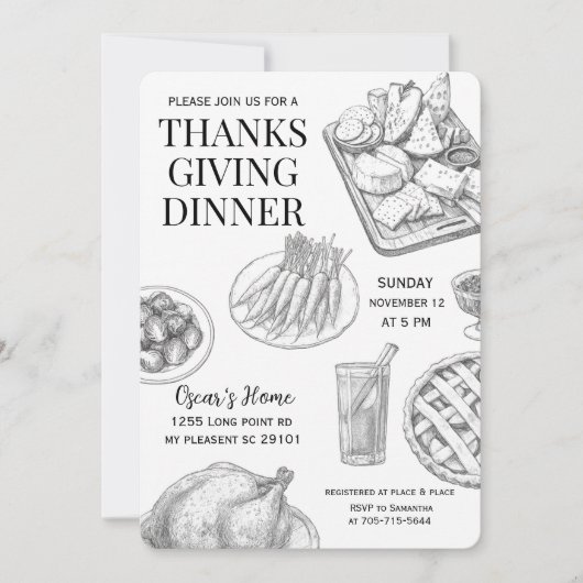 Invitation Dîner de Thanksgiving rustique dessiné à la main (Devant)