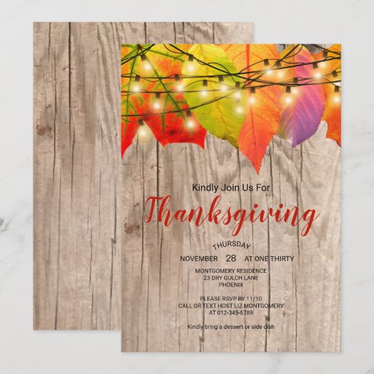Invitation Dîner de Thanksgiving rustique Feuilles d'automne (Devant / Derrière)