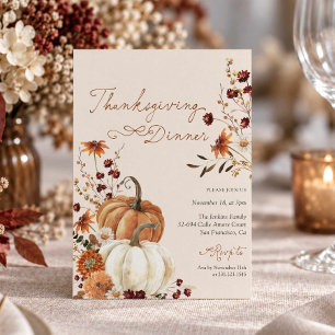 Invitation Dîner de Thanksgiving rustique Floral de citrouill