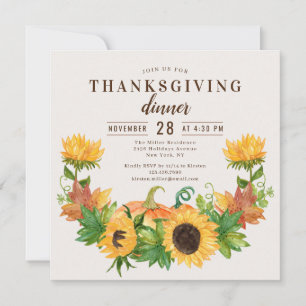 Invitation Dîner de Thanksgiving Tournesol Citrouille Aquarel