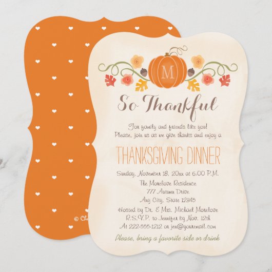 Invitation Dîner décoré d'un monogramme de thanksgiving de (Devant / Derrière)