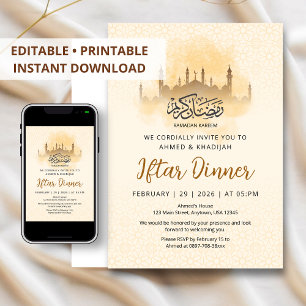 Invitation Dîner d'Iftar à silhouette dorée de mosquée géomét