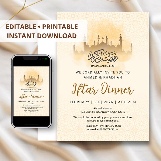 Invitation Dîner d'Iftar à silhouette dorée de mosquée géomét