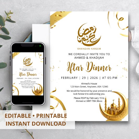 Invitation Dîner d'Iftar de Ramadan Croissant d'Or Festif