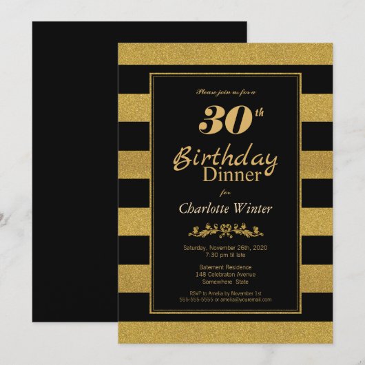 Invitation Dîner d'or noir rayé 30e anniversaire (Devant / Derrière)
