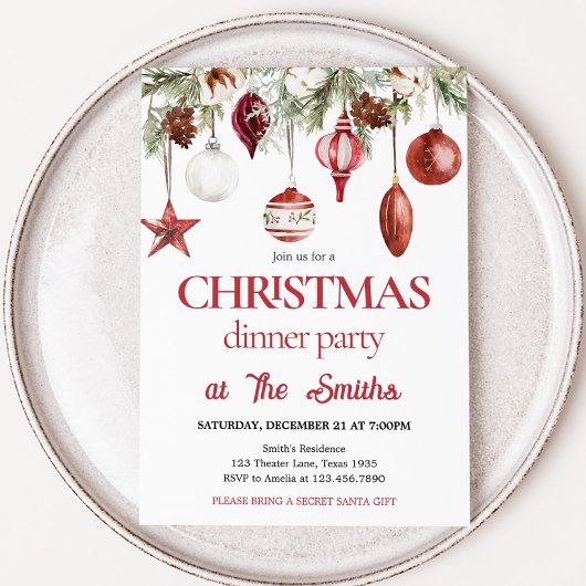 Invitation Dîner d'ornements d'hiver rouge Fête de Noël