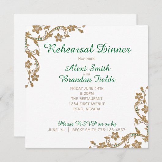 Invitation Dîner du Mariage Emerald et Gold Rehersal (Devant / Derrière)