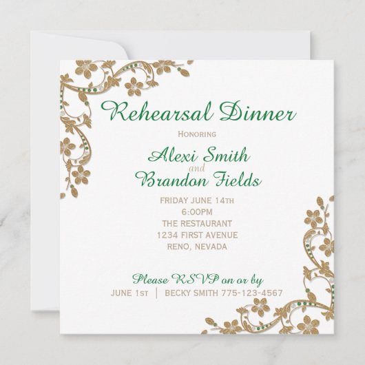 Invitation Dîner du Mariage Emerald et Gold Rehersal (Devant)