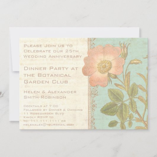 Invitation Dîner élégant d'anniversaire 25 ans Rose Vintage (Devant)