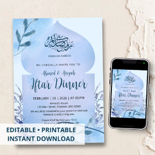Invitation Dîner élégant de l'Iftar à l'aquarelle bleue islam