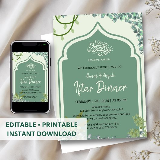 Invitation Dîner élégant de l'Iftar en vert sauge islamique e