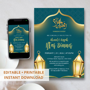 Invitation Dîner élégant de l'Iftar sarcelle et or islamique