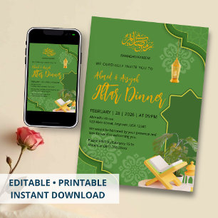 Invitation Dîner élégant de rupture du jeûne vert et or Ramad