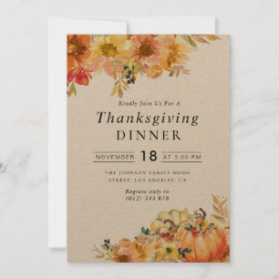 Invitation dîner fleuri et rustique Thanksgiving