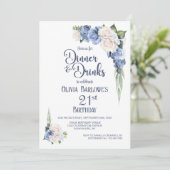 Invitation Dîner Floral Blanc Bleu et Boissons 21e anniversai (Debout devant)