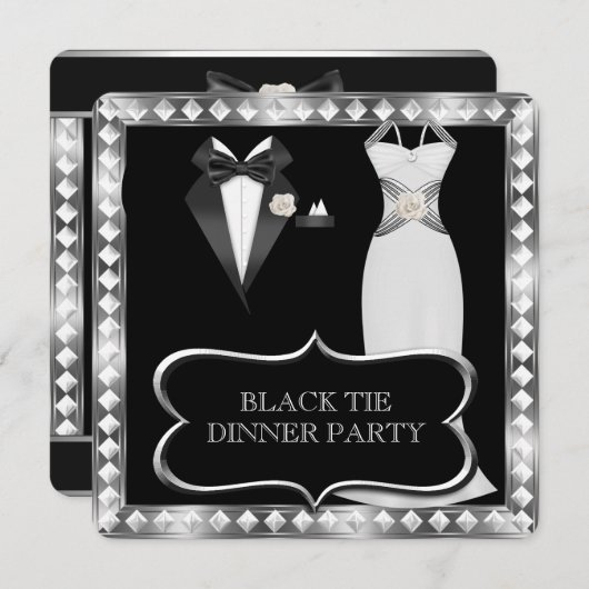 Invitation Dîner Formel Cravate Noire Blanche Hollywood (Devant / Derrière)