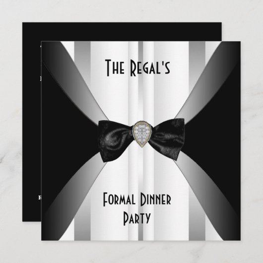 Invitation Dîner Formel Noir Blanc Bow Argent (Devant / Derrière)