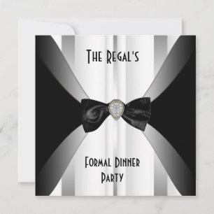 Invitation Dîner Formel Noir Blanc Ruban Argent