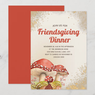 Invitation Dîner Friendsgiving automne rouge champignon doré
