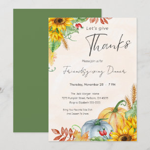 Invitation Dîner Friendsgiving Citrouille Tournesol Aquarelle