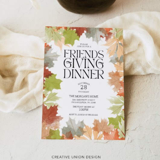 Invitation Dîner Friendsgiving Feuilles d'automne Rustique