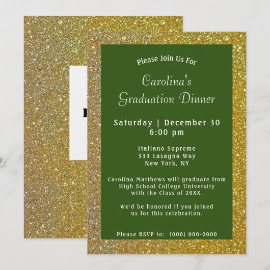 Invitation Dîner Gold Sparkle Graduation verte (Devant / Derrière)