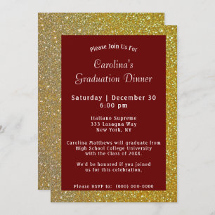 Invitation Dîner Gold Sparkle Maroon Graduation
