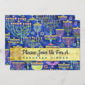 Invitation Dîner Hanoukka Gold Blue Menorah Star de David (Devant / Derrière)