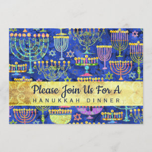 Invitation Dîner Hanoukka Gold Blue Menorah Star de David