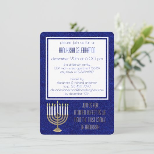 Invitation Dîner Hanoukka Gold Menorah Hanoukka Sameach (Debout devant)