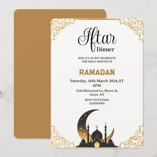 Invitation Dîner iftar beige Ramadan 2025 (Devant / Derrière)