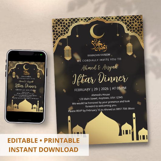 Invitation Dîner Iftar de mosquée noir et or de luxe