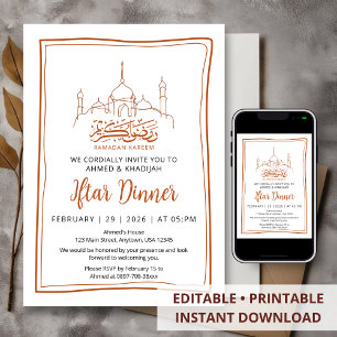 Invitation Dîner Iftar de Ramadan à la mosquée en art linéair