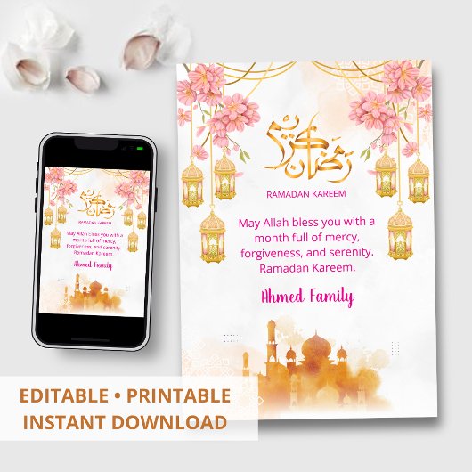 Invitation Dîner Iftar Fleurs Roses Aquarelle & Mosquée