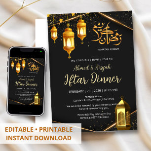 Invitation Dîner Iftar Lanterne Noire et Dorée de Luxe