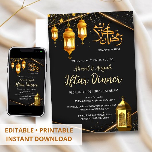 Invitation Dîner Iftar Lanterne Noire et Dorée de Luxe