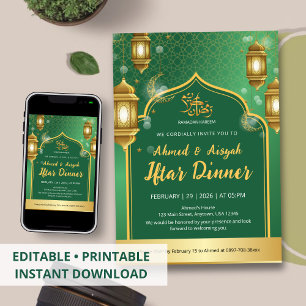 Invitation Dîner Iftar Lanterne Royale Émeraude et Or